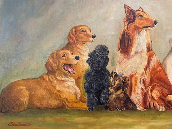 Eileen Ward Dogs Cats Gathering Signed Oil On Canvas