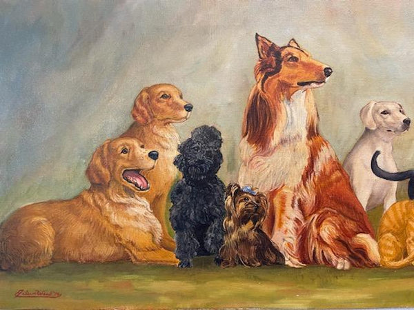 Eileen Ward Dogs Cats Gathering Signed Oil On Canvas