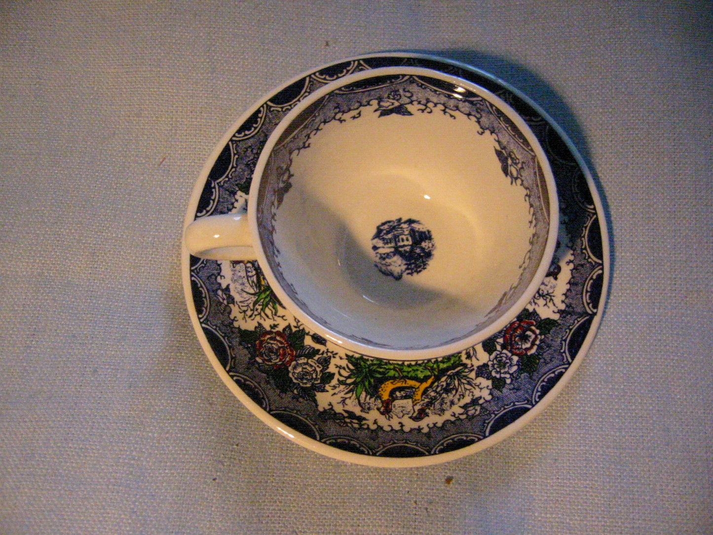 Scenic Tea Cup Saucer Marked PV France Quimper Style - Designer Unique Finds 