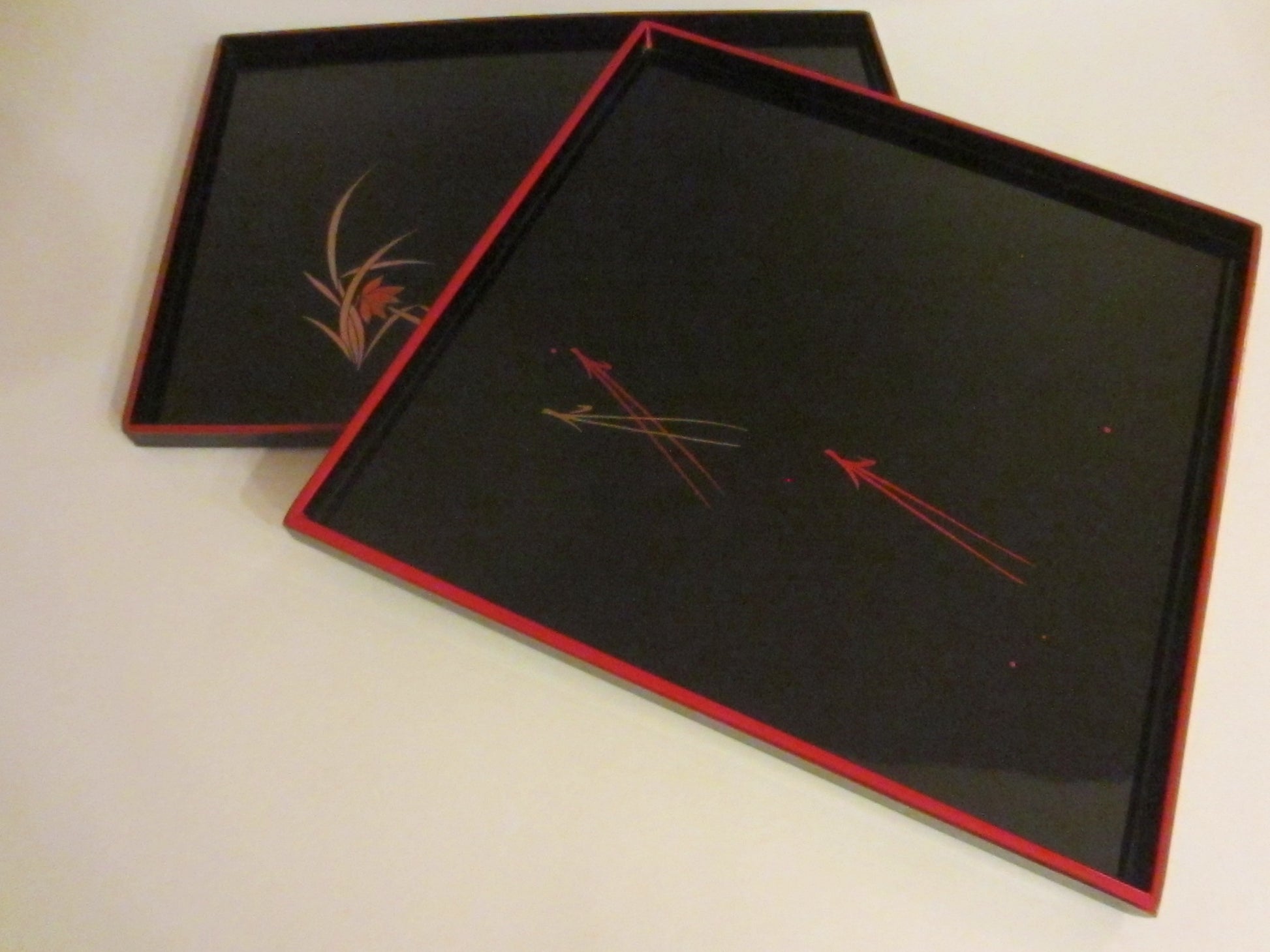 Black Tray Set Red Boarder Hand Painted Flowers Made in Japan - Designer Unique Finds 