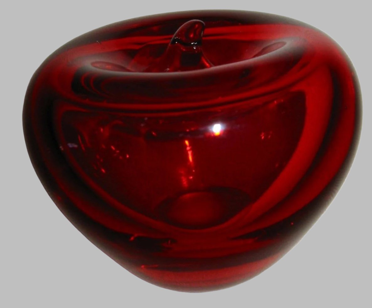 Blenko Style Red Glass Stem Apple Paperweight - Designer Unique Finds 