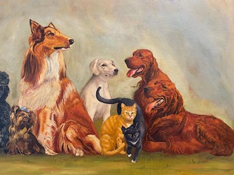 Eileen Ward Dogs Cats Gathering Signed Oil On Canvas