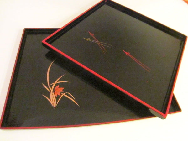 Black Tray Set Red Boarder Hand Painted Flowers Made in Japan - Designer Unique Finds 
