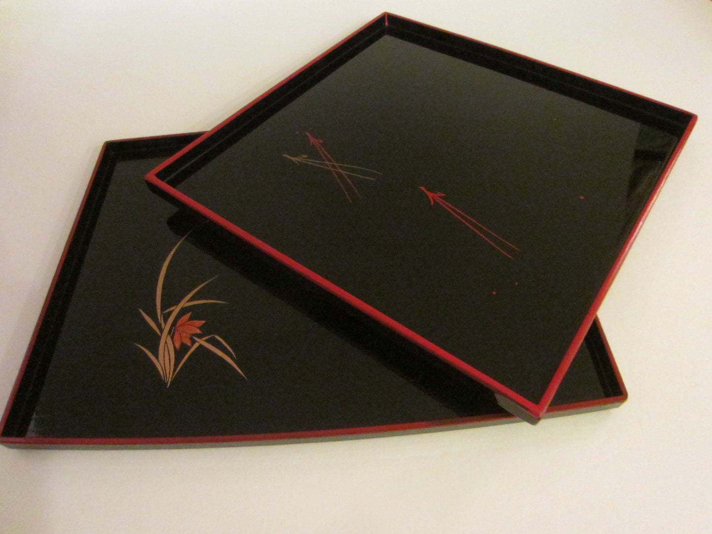Black Tray Set Red Boarder Hand Painted Flowers Made in Japan - Designer Unique Finds 