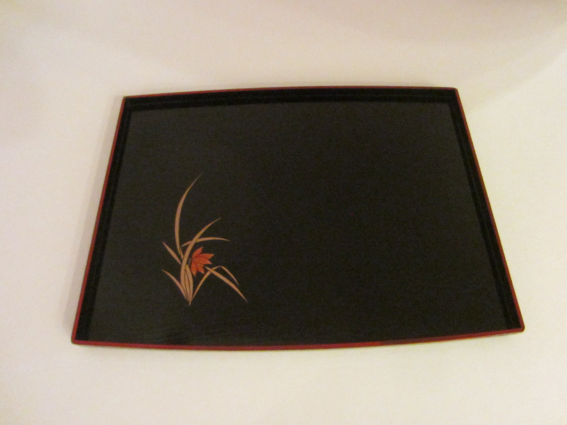 Black Tray Set Red Boarder Hand Painted Flowers Made in Japan - Designer Unique Finds 