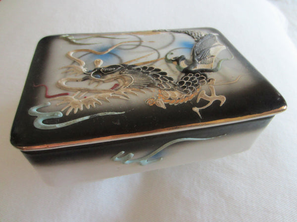 Oriental Hand Painted Majolica Porcelain Covered Box Decorated Dragon - Designer Unique Finds 