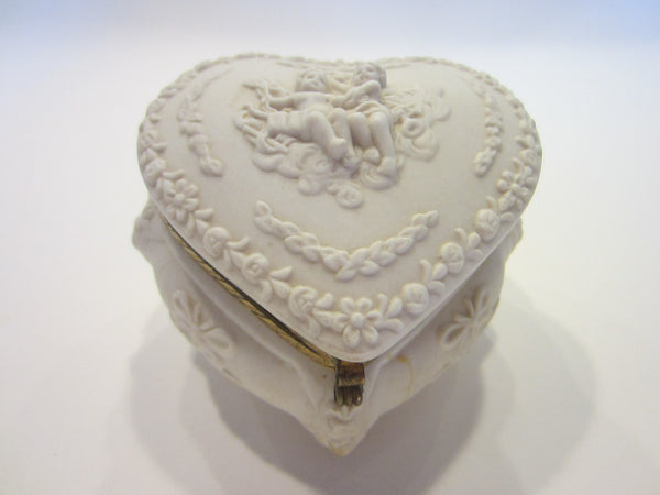 White Majolica Angels Ceramic Heart Shape Jewelry Box