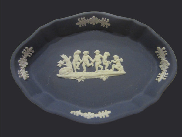 Wedgwood White On Portland Blue Tray Silver Oval Design Bass Relief - Designer Unique Finds 