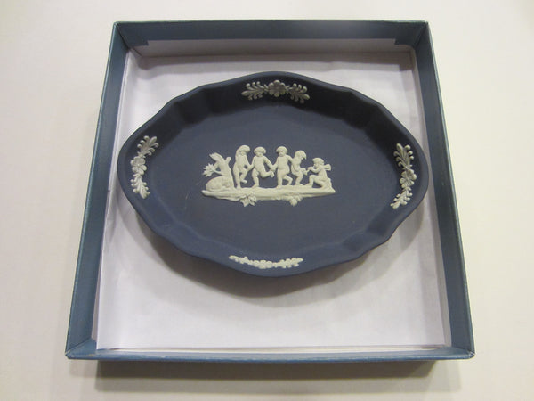 Wedgwood White On Portland Blue Tray Silver Oval Design Bass Relief - Designer Unique Finds 
