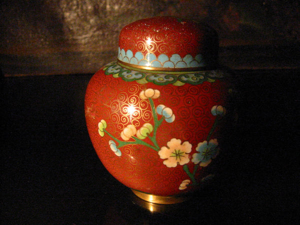 Asian Cloisonne Ginger Jar Gold Scrolled Wiring  Brass Stand