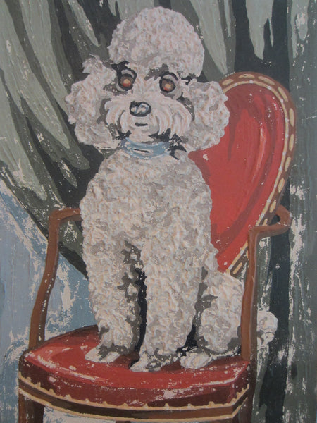 Seated White Poodle On Red Chair Gouache Painting On Paper