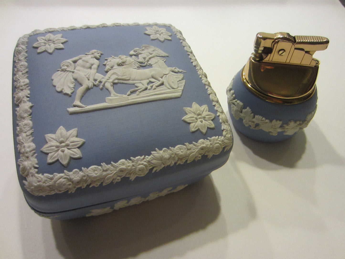 Wedgwood ER Blue Bass Relief Porcelain Lighter Jewelry Box Hand Decorated - Designer Unique Finds 