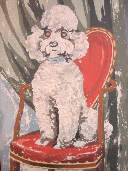 Seated White Poodle On Red Chair Gouache Painting On Paper