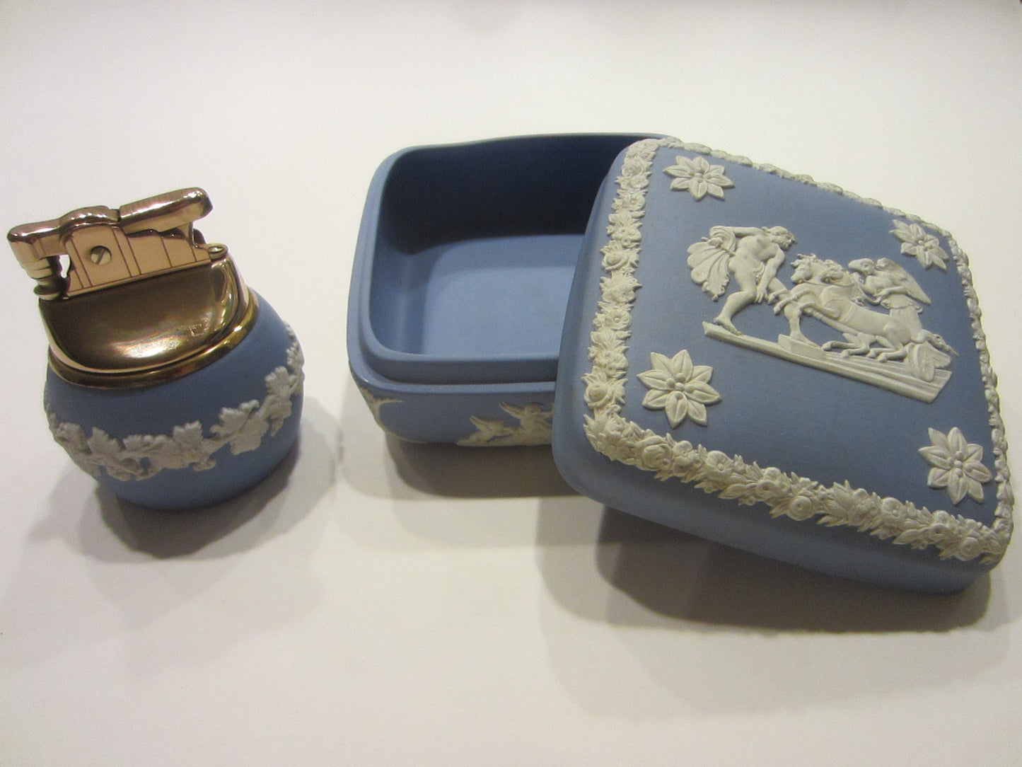 Wedgwood ER Blue Bass Relief Porcelain Lighter Jewelry Box Hand Decorated - Designer Unique Finds 