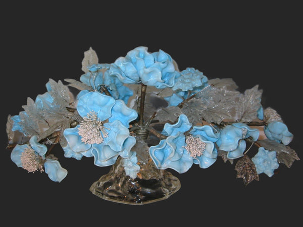 Venetian Glass Centerpiece Blue Flowers Arrangement Clear Petals - Designer Unique Finds 