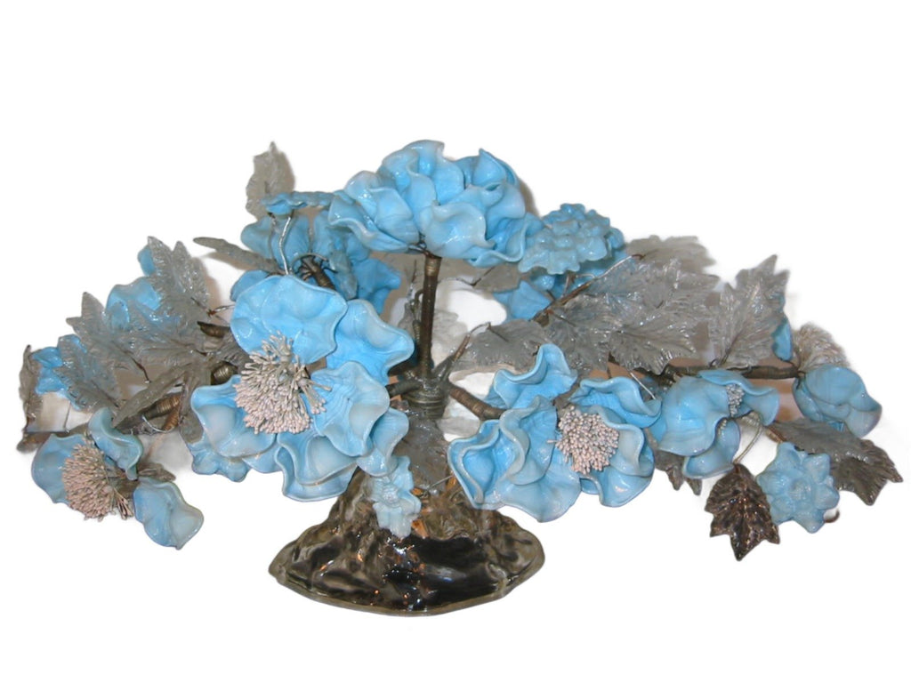 Venetian Glass Centerpiece Blue Flowers Arrangement Clear Petals - Designer Unique Finds 
