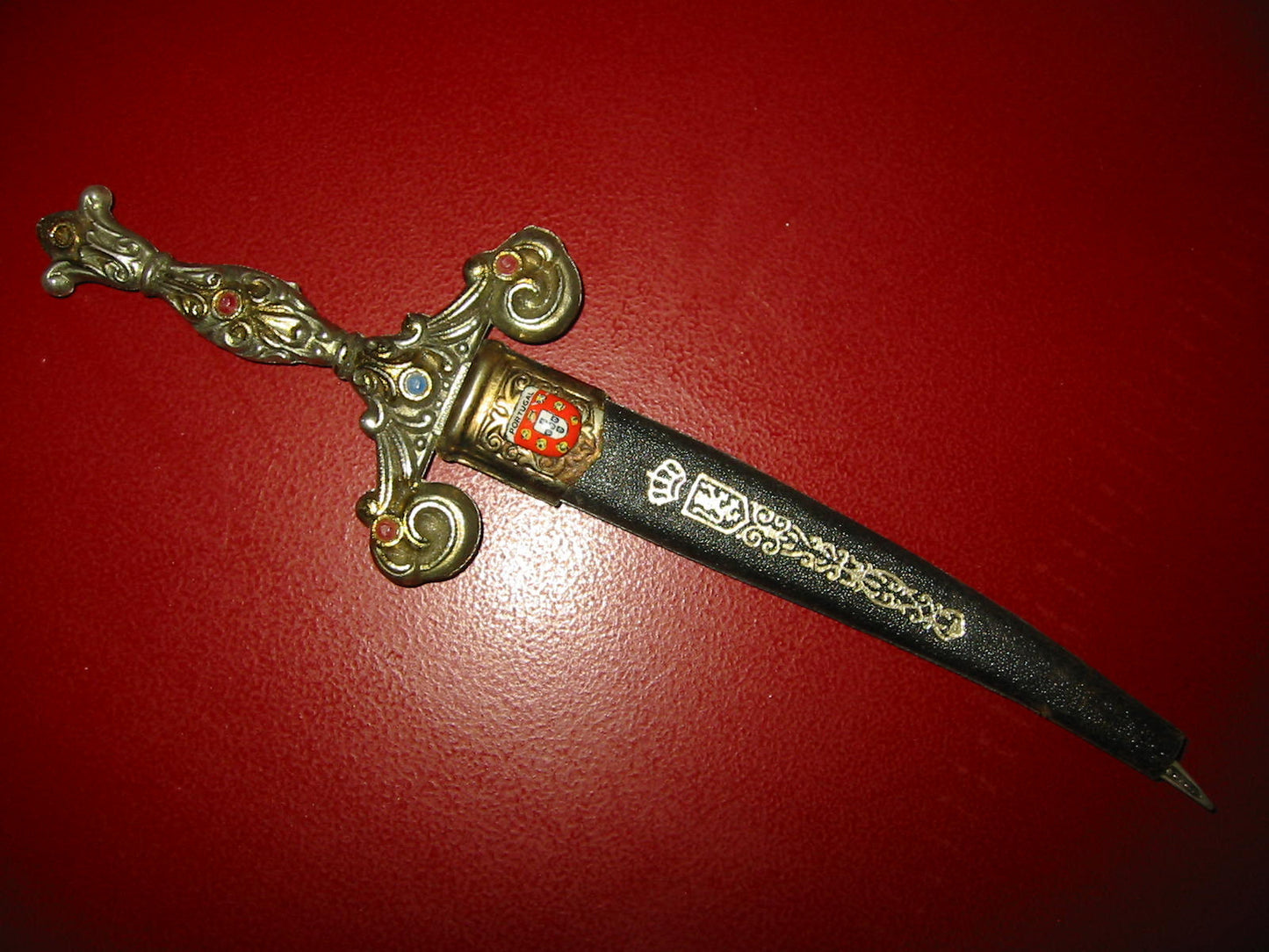 Portugal Shield Jeweled Letter Opener Brass Sword Leather Emboss Cover - Designer Unique Finds 
 - 3