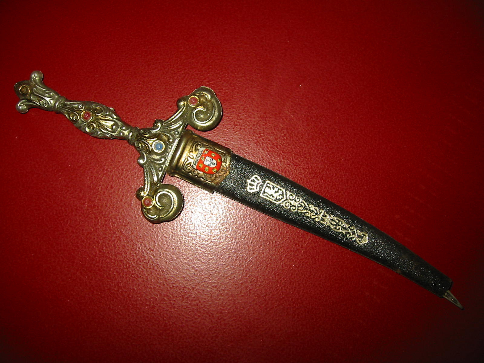 Portugal Shield Jeweled Letter Opener Brass Sword Leather Emboss Cover - Designer Unique Finds 
 - 3
