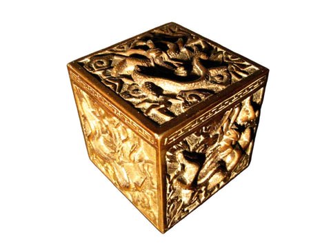 Dragon Relief Lidded Square Brass Inkwell - Designer Unique Finds 
