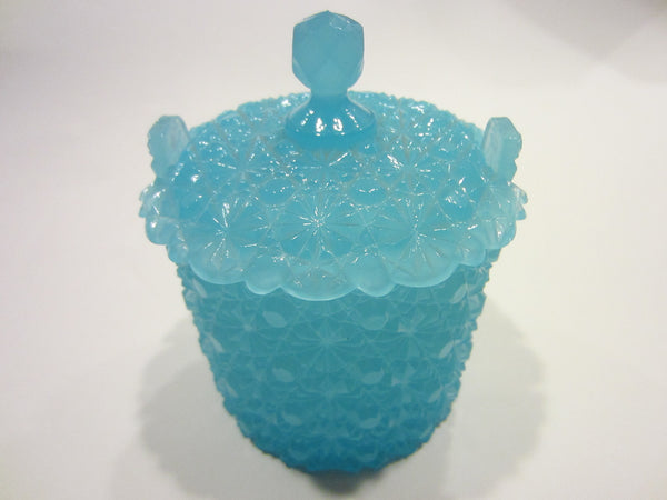 Depression Glass Snow Flake Design Blue Turquoise Covered Vanity Cotton Jar - Designer Unique Finds 
 - 1