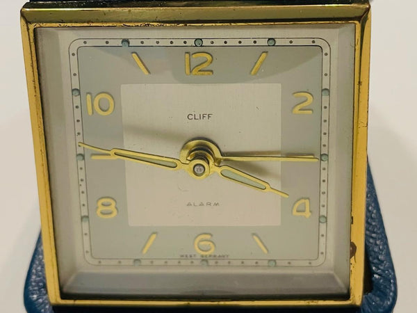 West Germany Cliff Alarm Clock Genuine Blue Leather Case
