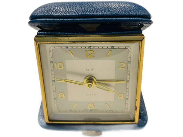 West Germany Cliff Alarm Clock Genuine Blue Leather Case
