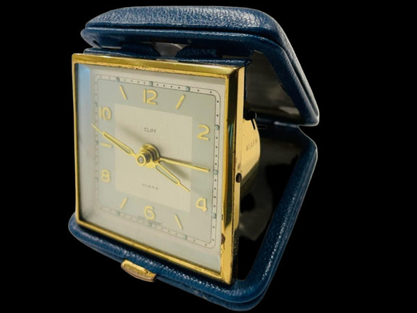 West Germany Cliff Alarm Clock Genuine Blue Leather Case