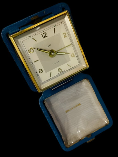 West Germany Cliff Alarm Clock Genuine Blue Leather Case