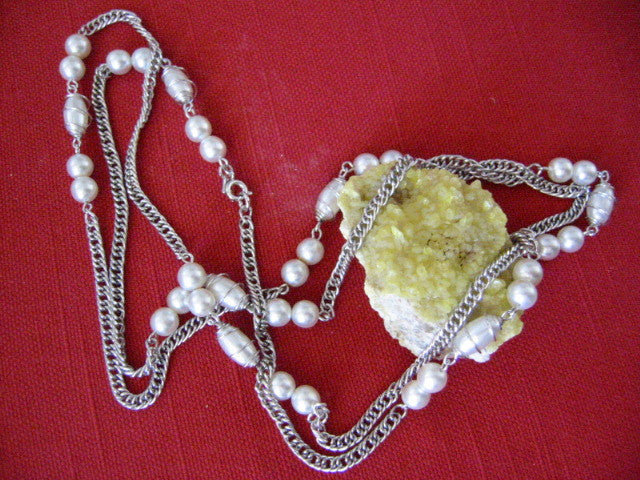 Sarah Coventry Designer Signed Pearl Silver Link Chain Necklace - Designer Unique Finds 