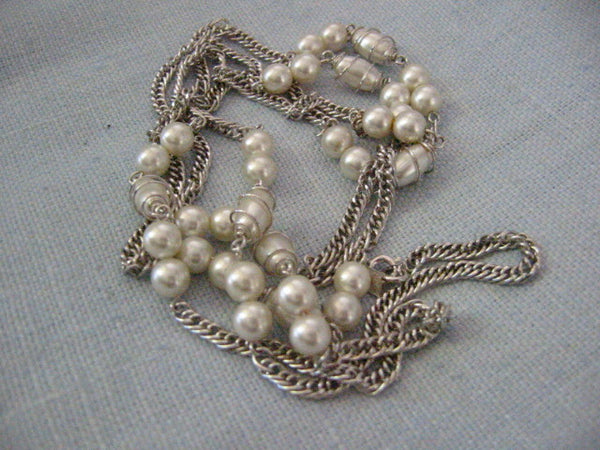 Sarah Coventry Designer Signed Pearl Silver Link Chain Necklace - Designer Unique Finds 