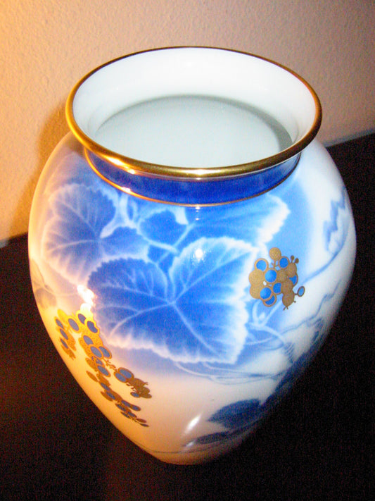 Okura Japan Gilt Decorated Berries Blue Vines Porcelain Vase - Designer Unique Finds 