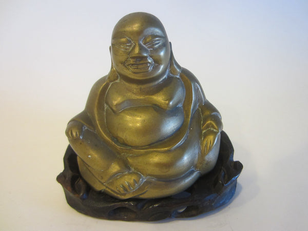 Brass Buddha On Carved Mahogany Stand - Designer Unique Finds 