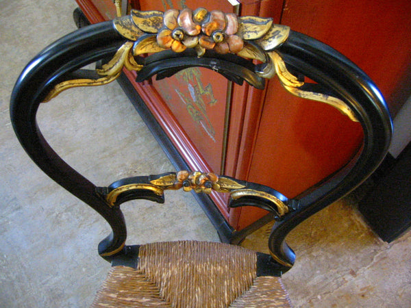 Rococo Louis XV Period Style Black Side Chair Rush Seating Decorated Flowers - Designer Unique Finds 
 - 1
