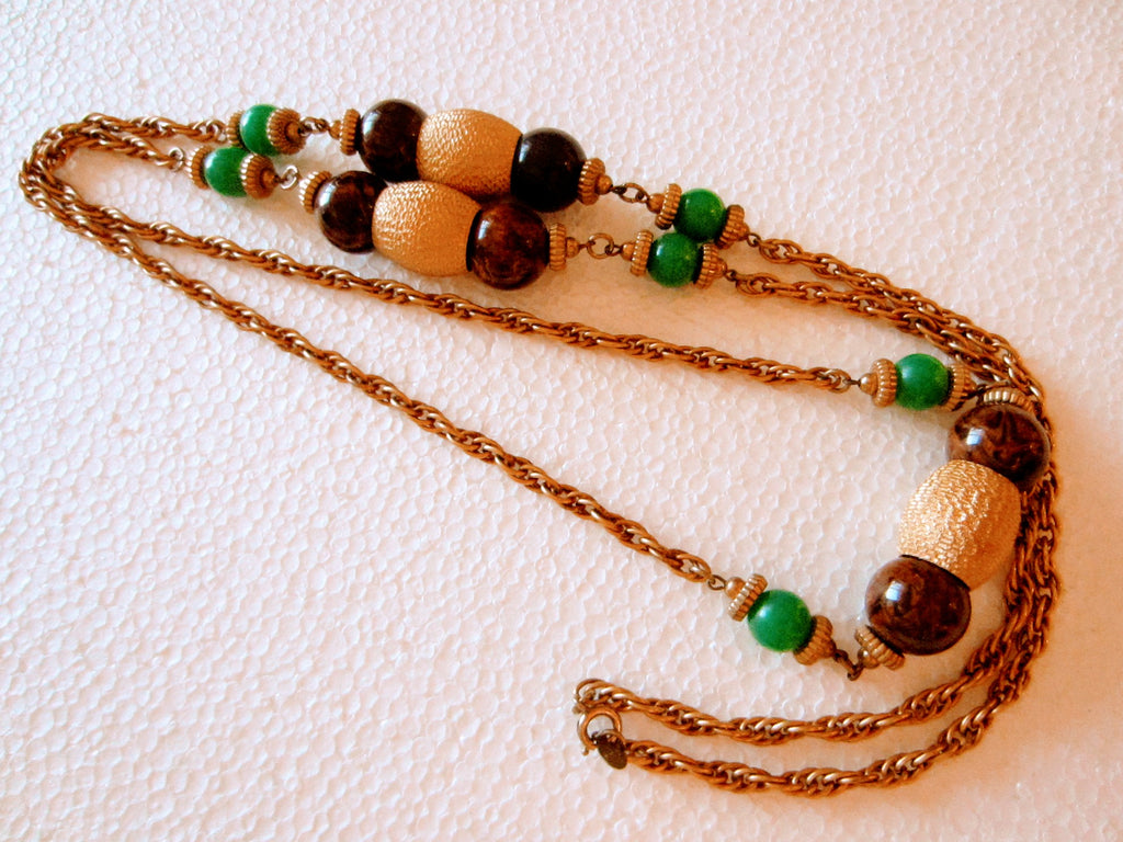 Cadoro Gold Green Beads Chain Mid Century Signed Necklace