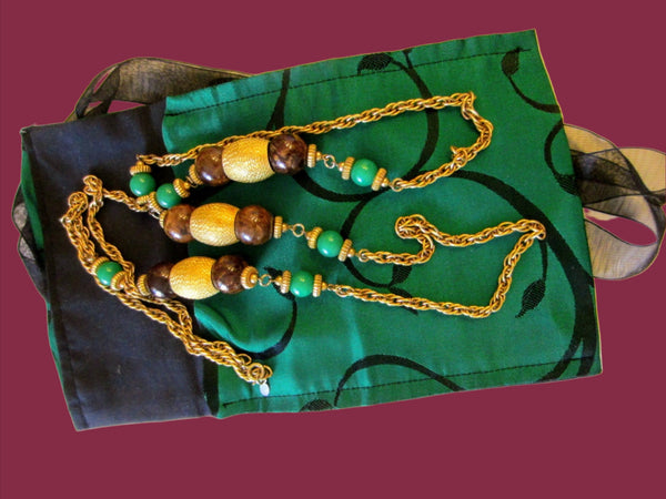 Cadoro Gold Green Beads Chain Mid Century Signed Necklace 