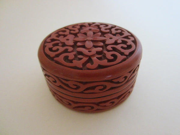Miniature Cinnabar Round Trinket Box Asian Floral Carving Geometric Design - Designer Unique Finds 