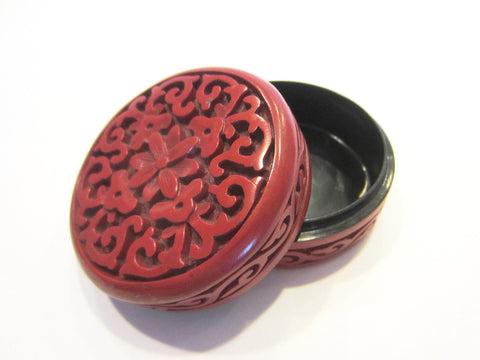Miniature Cinnabar Round Trinket Box Asian Floral Carving Geometric Design - Designer Unique Finds 