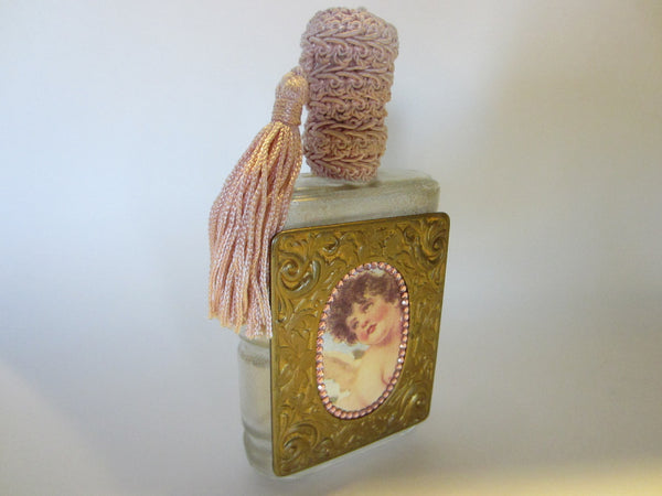 France Perfume Bottle Paper Portrait Bronze Plate Pink Rhinestones Tassel Top - Designer Unique Finds 
 - 1