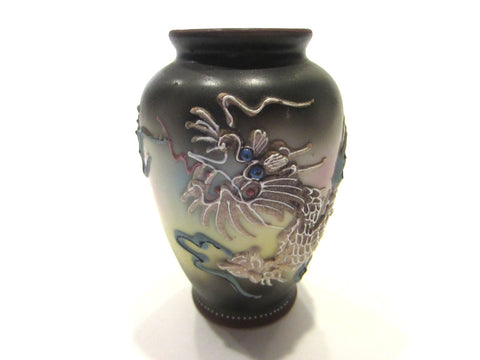 Japanese Majolica Dragon Vase Jeweled Blue Coral Enameling Eyes With Stamp Mark - Designer Unique Finds 