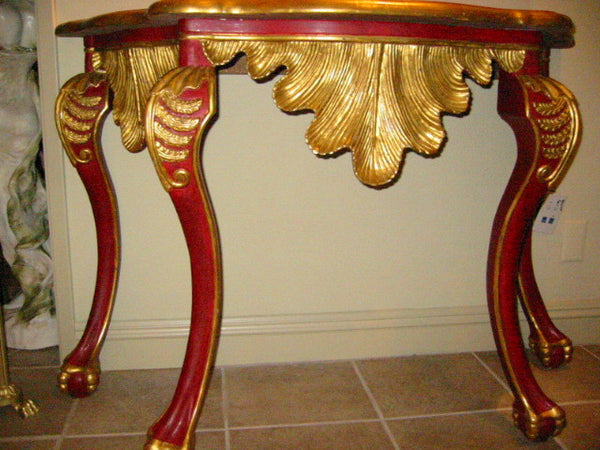 Italian Red Console Tuscan Wood Gold Leaf Shell Decorated - Designer Unique Finds 