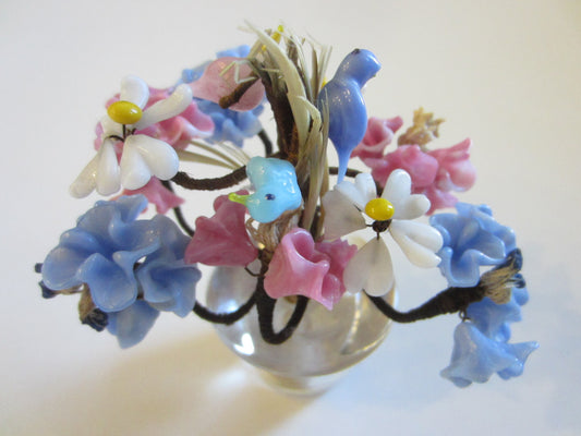 Venetian Flowers In Glass Pot Blue Pink Birds Accent - Designer Unique Finds 