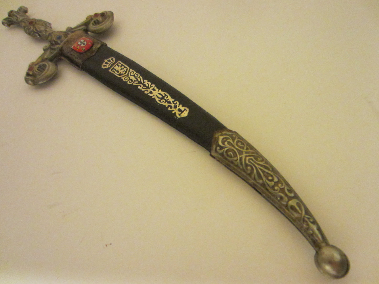 Portugal Shield Jeweled Letter Opener Brass Sword Leather Emboss Cover - Designer Unique Finds 
 - 2