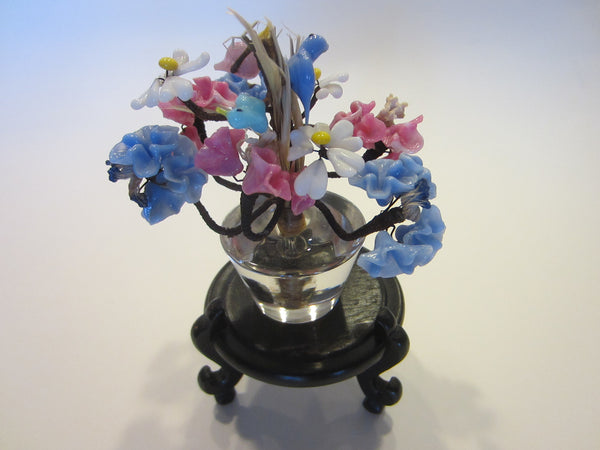 Venetian Flowers In Glass Pot Blue Pink Birds Accent - Designer Unique Finds 