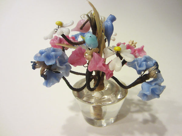Venetian Flowers In Glass Pot Blue Pink Birds Accent - Designer Unique Finds 