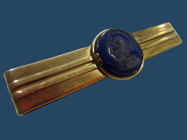 Swank Golden Tie Clip Intaglio Figurative Cobalt Glass Marked