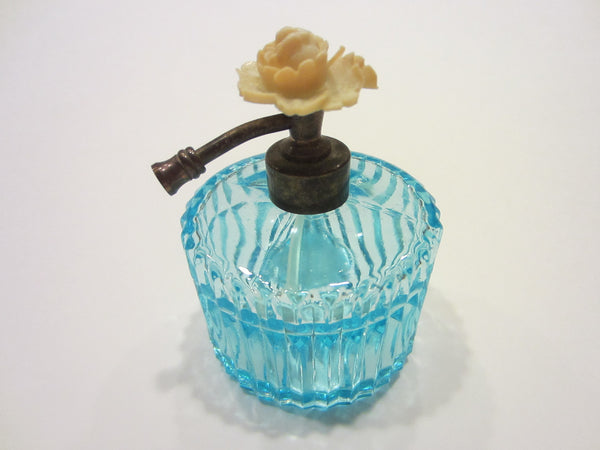 Blue Atomizer Perfume Bottle Stripe Glass Blooming Flower Top By I W Rice Co Japan - Designer Unique Finds 
