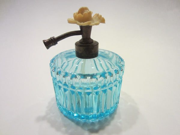 Blue Atomizer Perfume Bottle Stripe Glass Blooming Flower Top By I W Rice Co Japan - Designer Unique Finds 