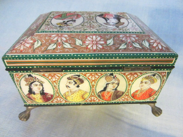 Mughal Portraits Hand Decorated Inlaid Footed Jewelry Box - Designer Unique Finds 