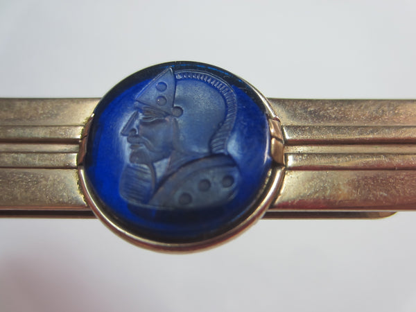 Swank Golden Tie Clip Intaglio Figurative Cobalt Glass Marked
