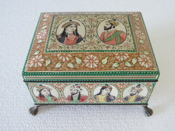 Mughal Portraits Hand Decorated Inlaid Footed Jewelry Box - Designer Unique Finds 